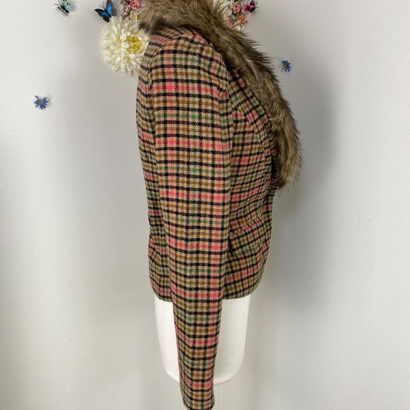 DEPT Plaid Wool Blazer Jacket With Faux Fur Collar Size Small - Picture 9 of 10